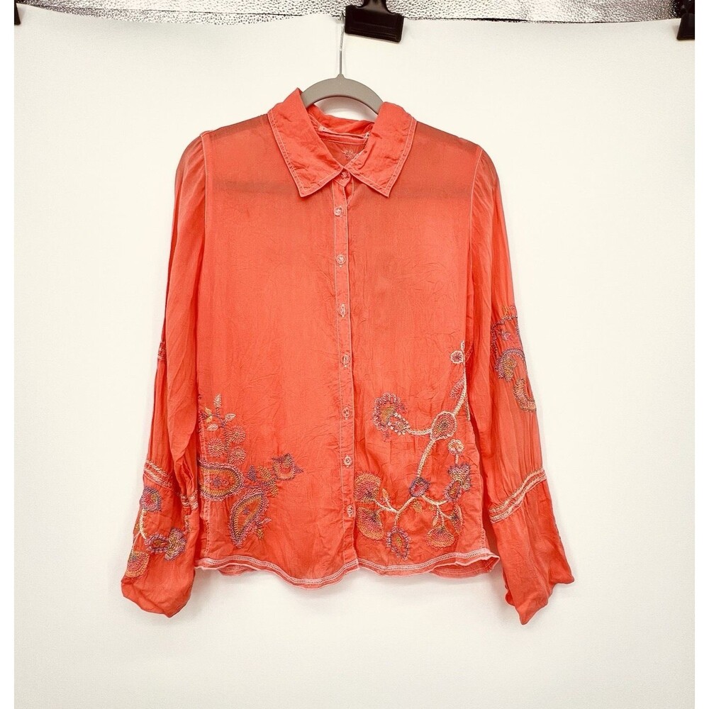 Johnny Was Embroidered Floral Button Down Shirt Size M Long Sleeve Boho Artsy